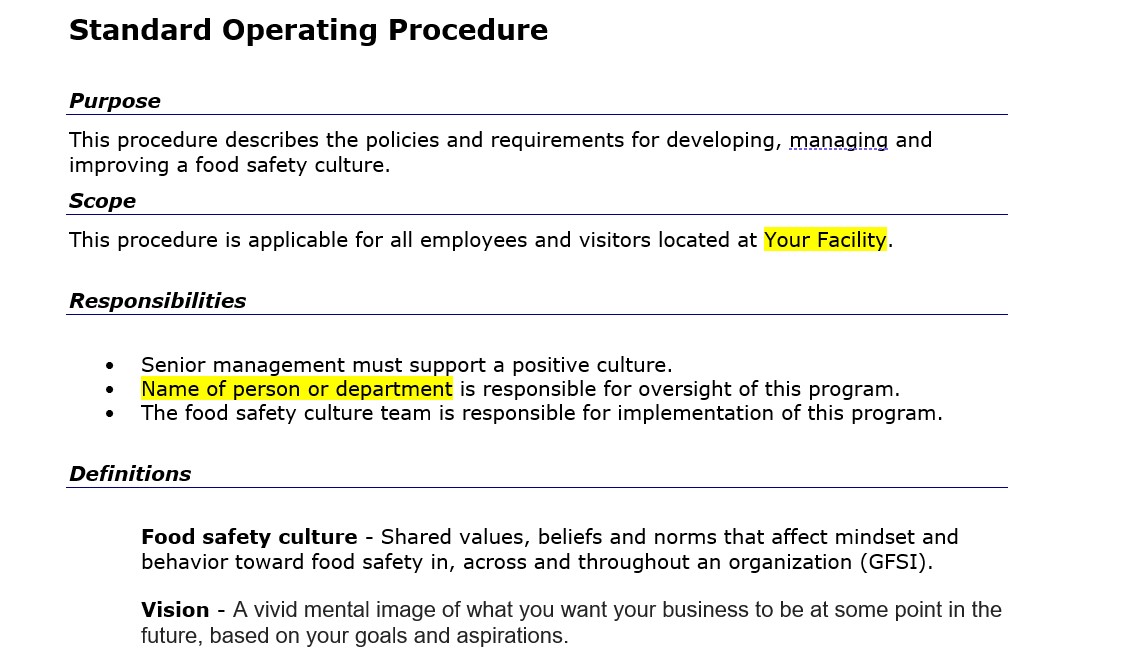 Food Safety Culture Template Example
